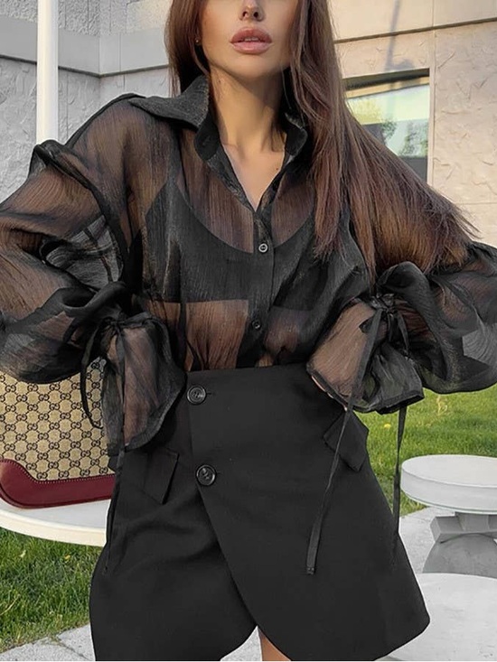 Tops - Sheer Black Button-Up Women's Blouse